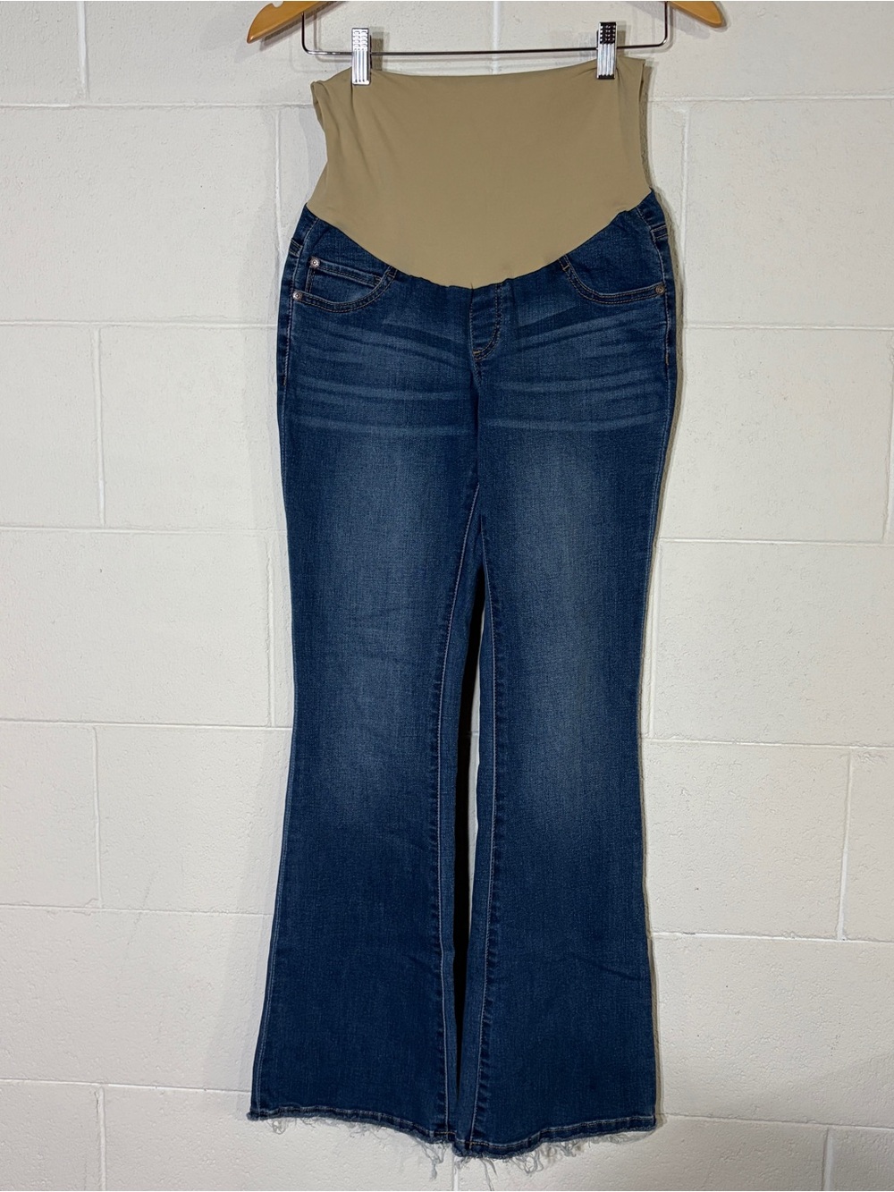 Indigo Blue Maternity Bootcut Jeans Blue Frayed Hem Stretch Full Belly XS